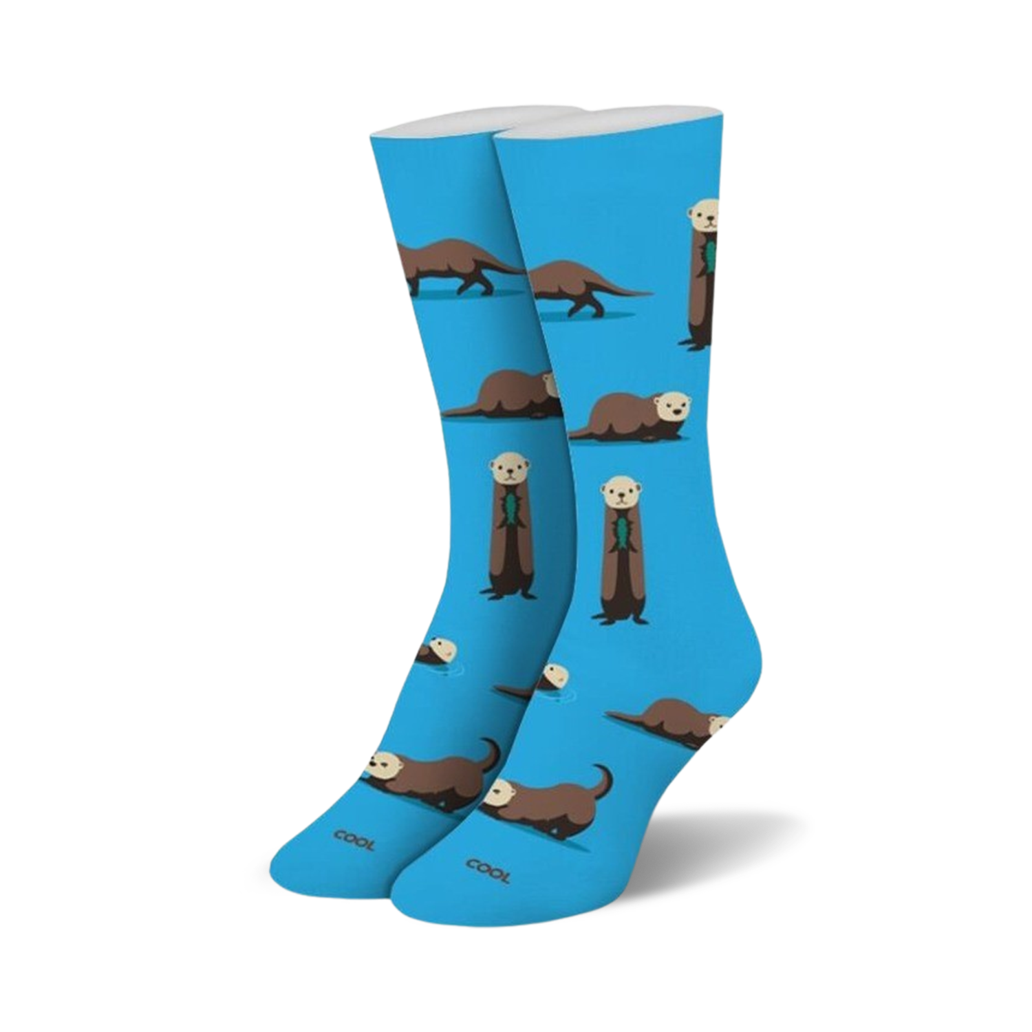 Pair of blue crew socks featuring a repeating pattern of brown sea otters holding kelp. 