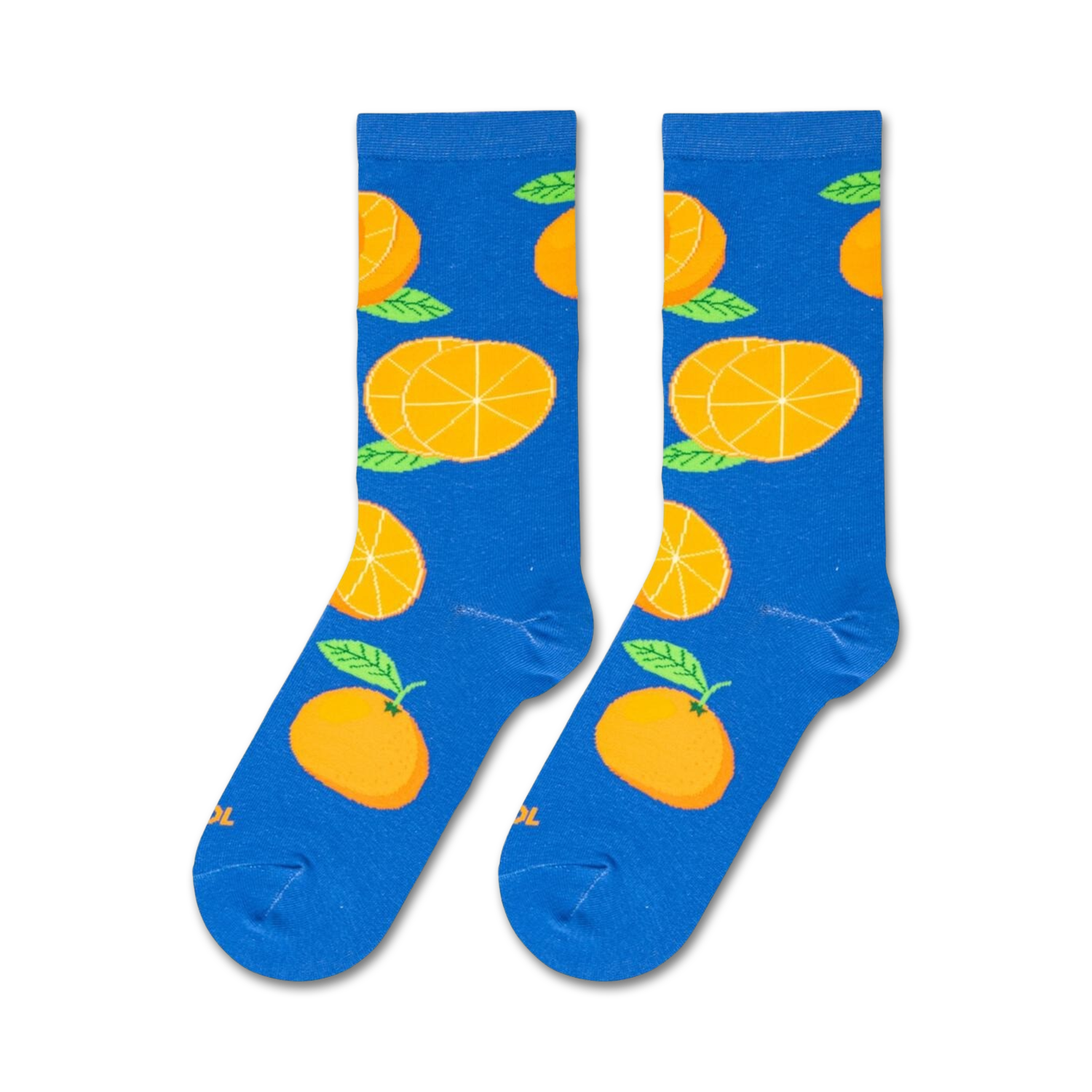 Flatlay image showing two Oranges socks on a white background.
