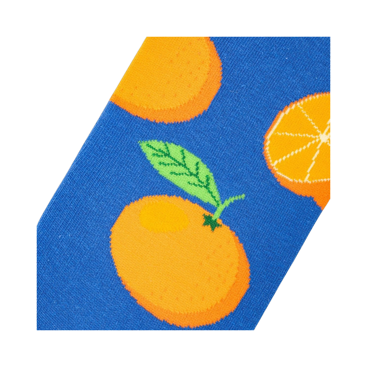 Close-up detail shot of the Oranges sock fabric, showcasing the orange and blue design.