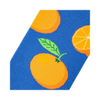 Close-up detail shot of the Oranges sock fabric, showcasing the orange and blue design.