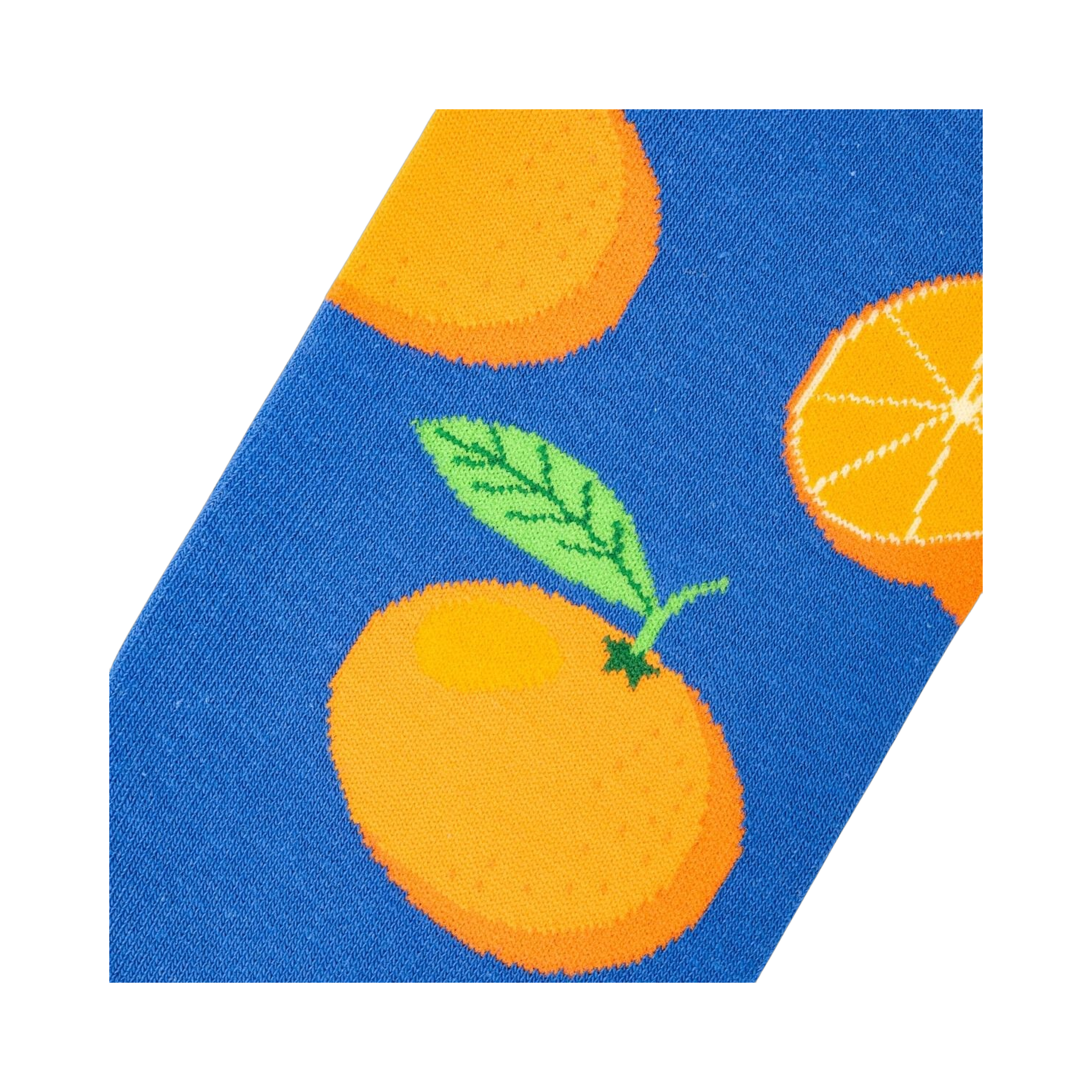 Close-up detail shot of the Oranges sock fabric, showcasing the orange and blue design.