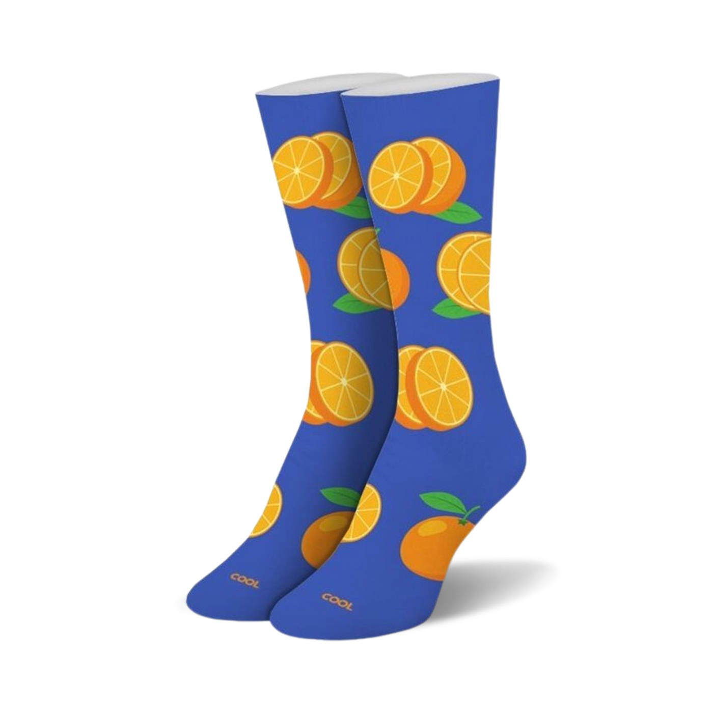 Pair of crew socks; blue background with orange slices and whole oranges.  Fun, casual style.