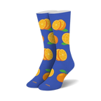 Pair of crew socks; blue background with orange slices and whole oranges.  Fun, casual style.