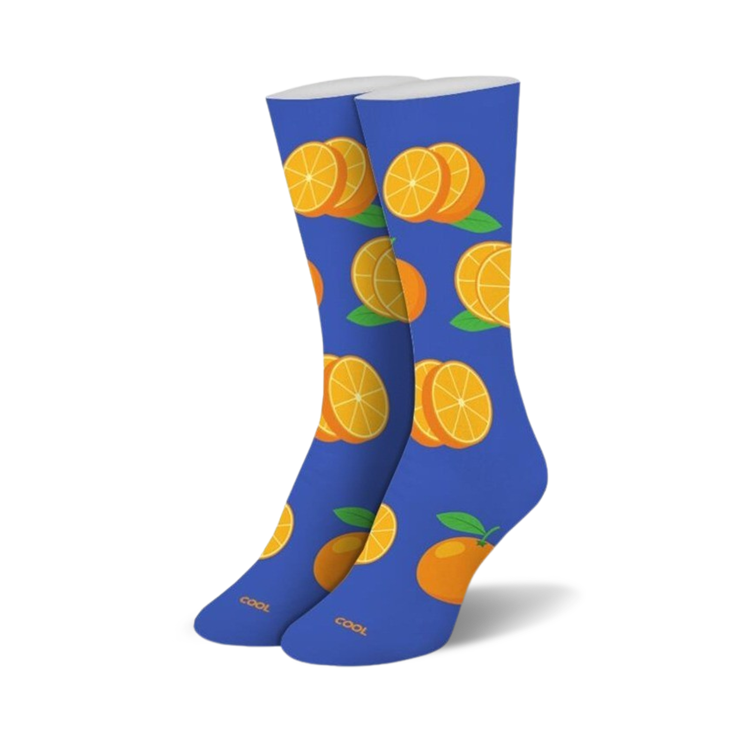 Pair of crew socks; blue background with orange slices and whole oranges.  Fun, casual style.