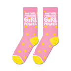 Pair of pink 'Mother Fucking Girl Power' socks shown on a white background.