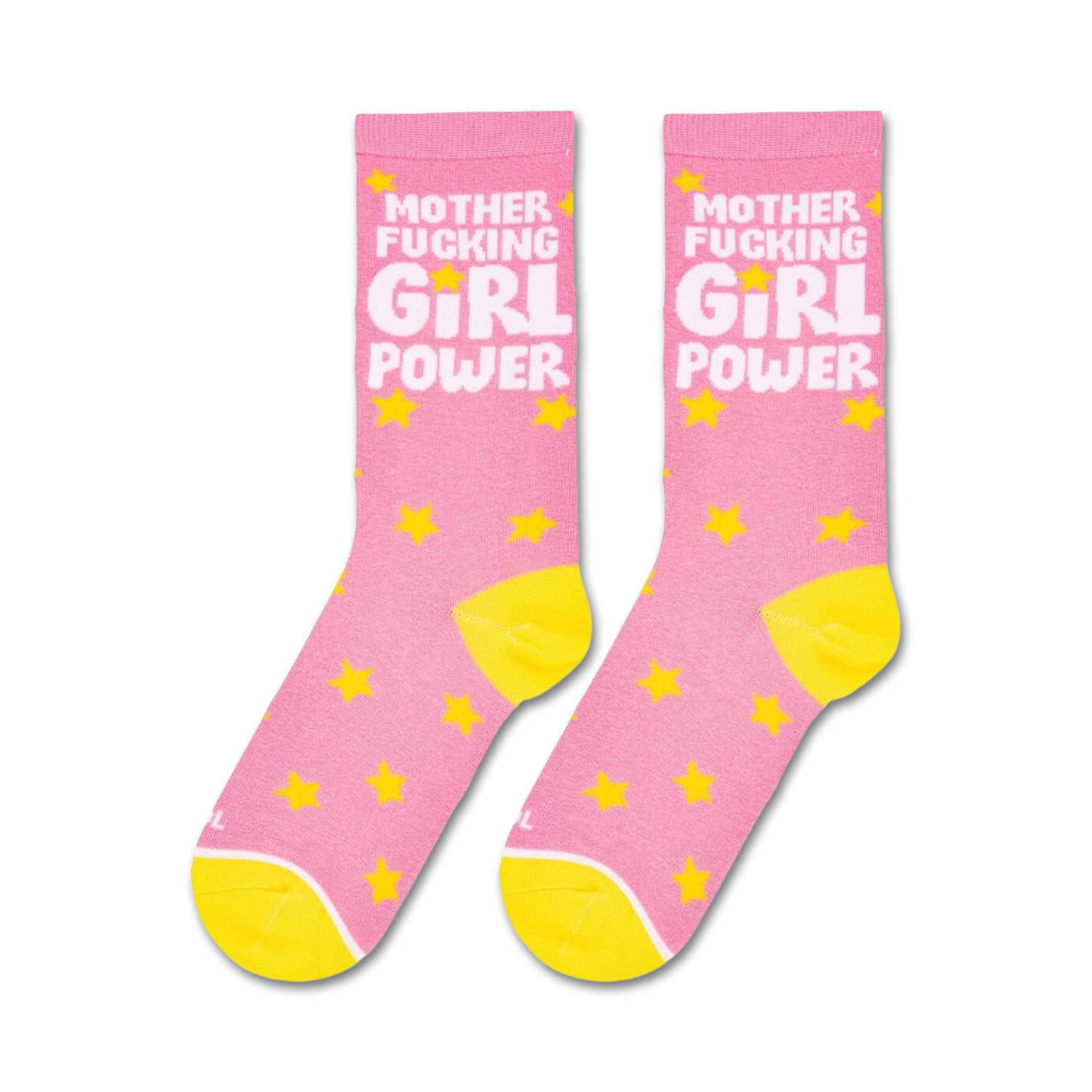 Pair of pink 'Mother Fucking Girl Power' socks shown on a white background.
