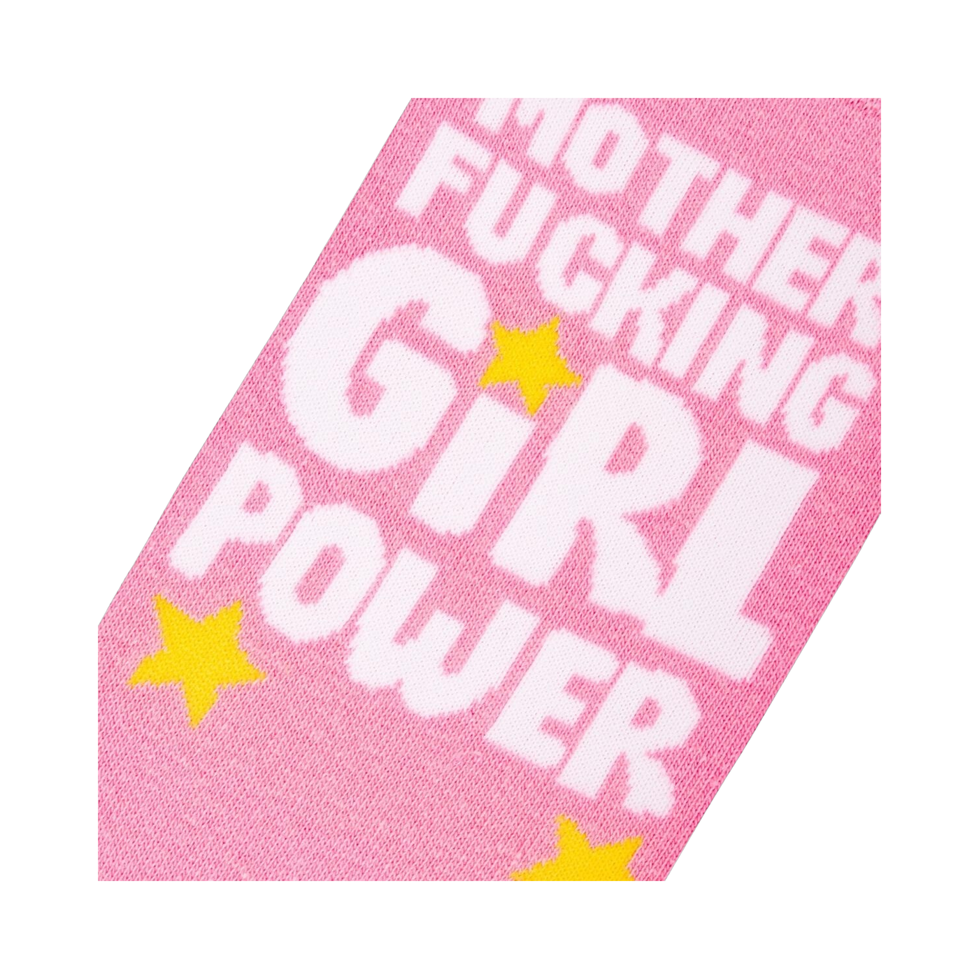 Close-up detail shot of the 'Mother Fucking Girl Power' text and yellow stars on the pink socks.
