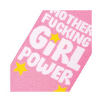 Close-up detail shot of the 'Mother Fucking Girl Power' text and yellow stars on the pink socks.