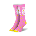 Pink crew socks with yellow stars and 'Mother Fucking Girl Power' in white lettering.