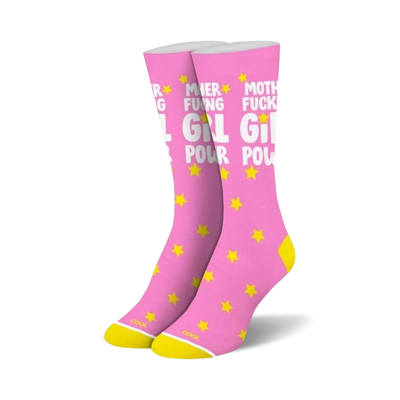 Pink crew socks with yellow stars and 'Mother Fucking Girl Power' in white lettering.