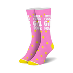 Pink crew socks with yellow stars and 'Mother Fucking Girl Power' in white lettering.