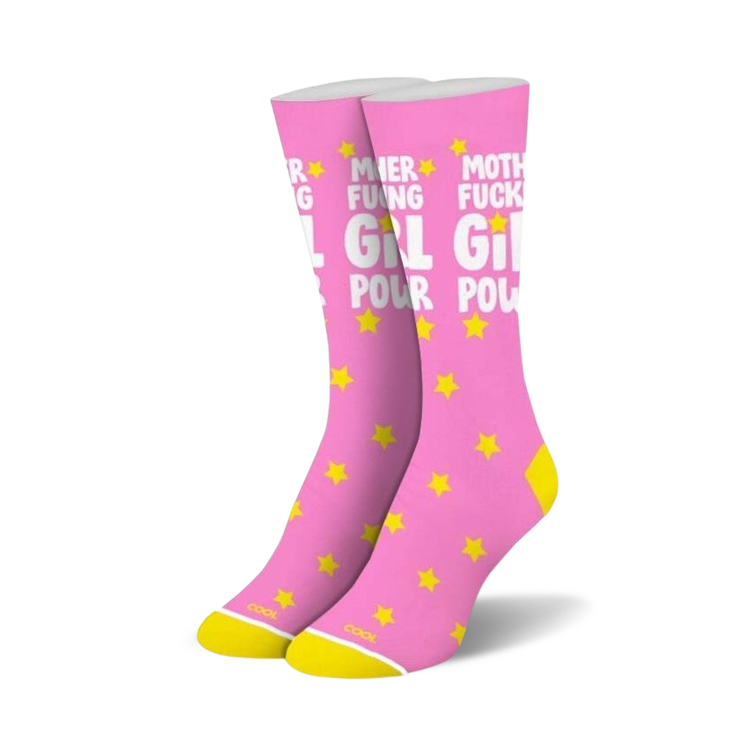 Pink crew socks with yellow stars and 'Mother Fucking Girl Power' in white lettering.