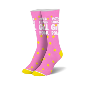 pink crew socks with yellow stars and white lettering spelling out 'mother fucking girl power'.   