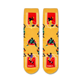 Flat lay showcasing a pair of tan basketball socks with colorful players and court lines.