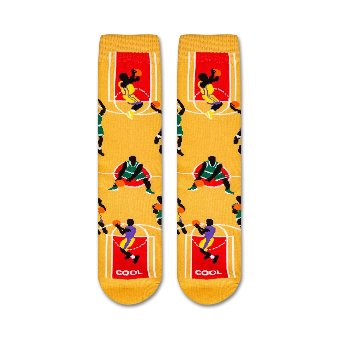 Flat lay showcasing a pair of tan basketball socks with colorful players and court lines.