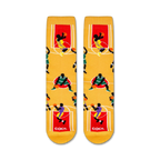 Flat lay showcasing a pair of tan basketball socks with colorful players and court lines.
