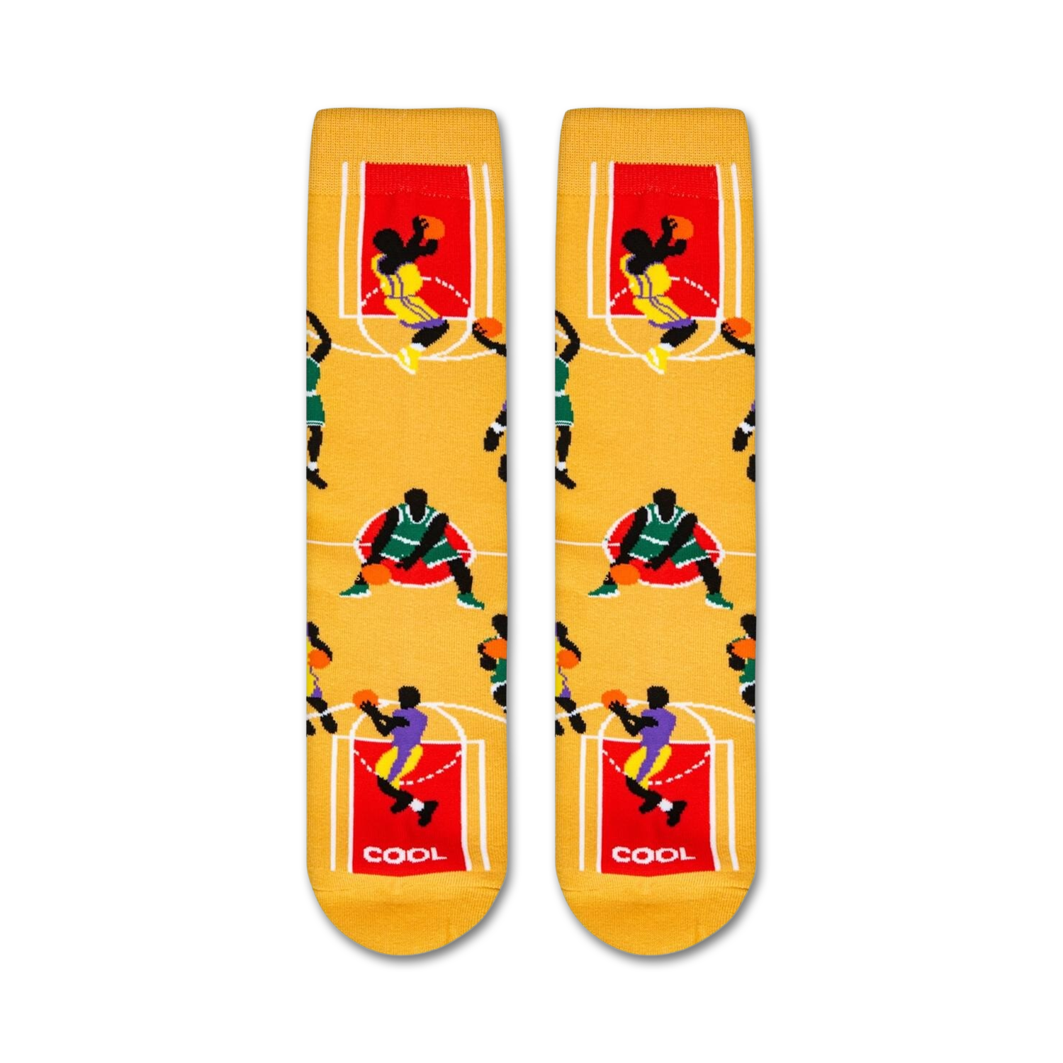 Flat lay showcasing a pair of tan basketball socks with colorful players and court lines.