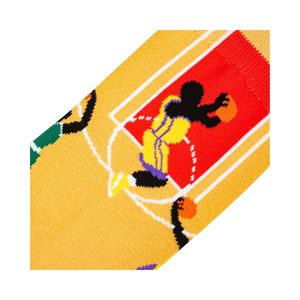 Close-up detail shot of basketball player graphic on the tan basketball sock.