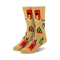 Pair of crew basketball socks. Tan background with colorful basketball players and court lines.