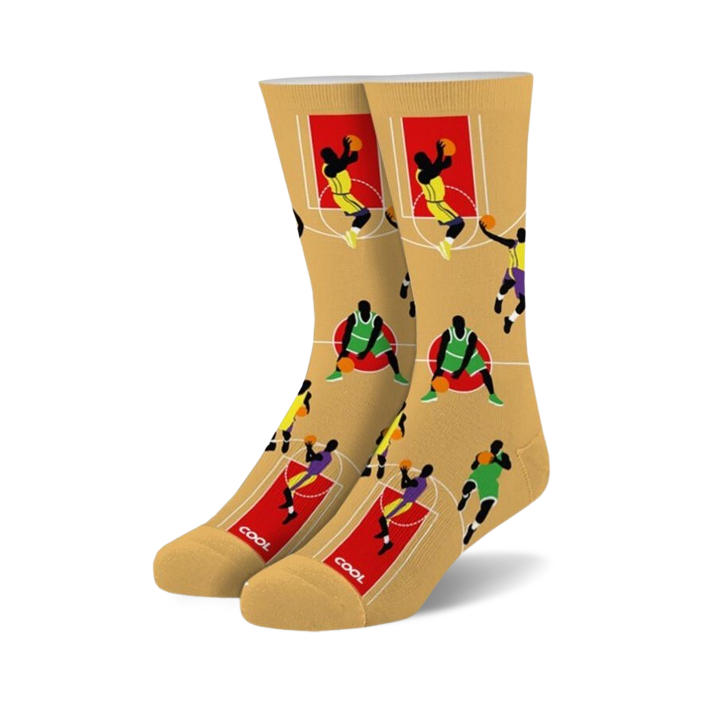 Pair of crew basketball socks. Tan background with colorful basketball players and court lines.