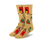 Pair of crew basketball socks. Tan background with colorful basketball players and court lines.