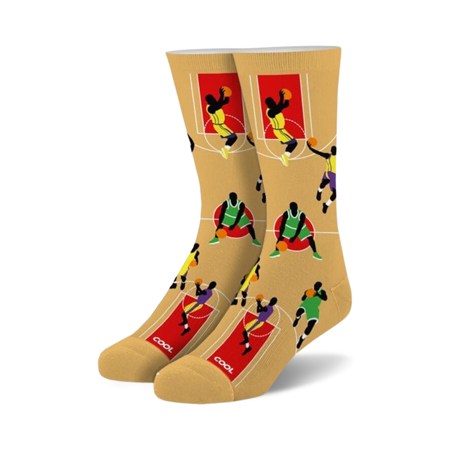 Pair of crew basketball socks. Tan background with colorful basketball players and court lines.