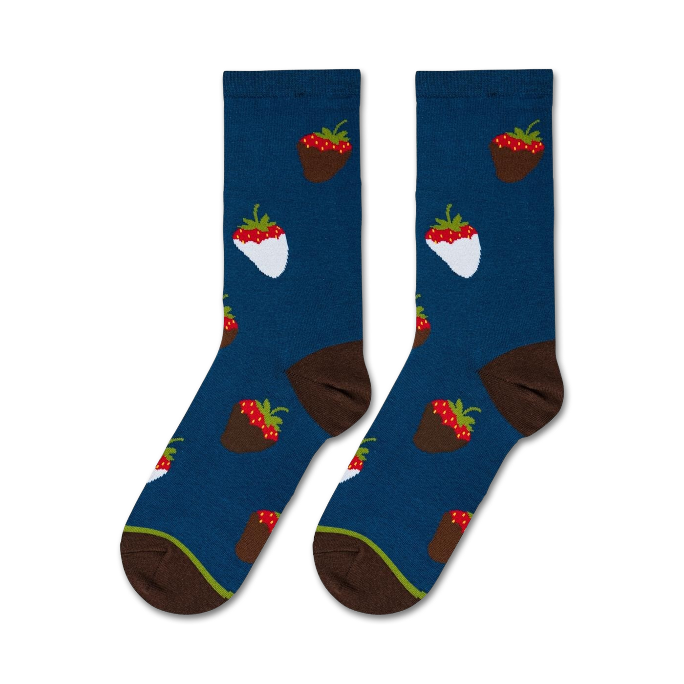 Close-up studio shot of two Chocolate Strawberries socks, showcasing the sock's design and colors.