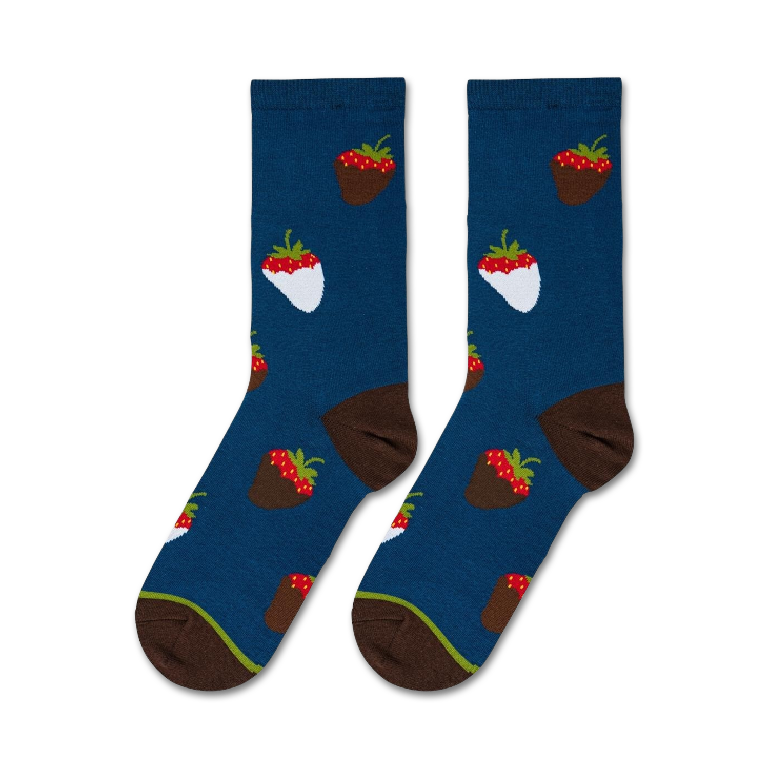 Close-up studio shot of two Chocolate Strawberries socks, showcasing the sock's design and colors.