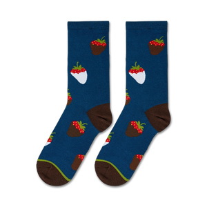 A pair of blue socks with a pattern of strawberries dipped in chocolate.