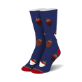 Pair of crew socks in navy blue with a pattern of chocolate-covered strawberries. Red strawberries dipped in milk and dark chocolate.