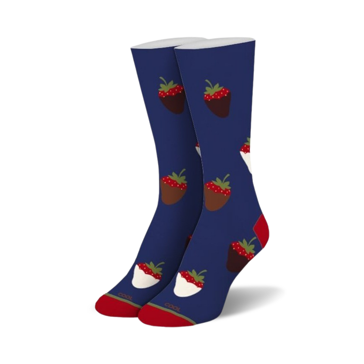 Pair of crew socks in navy blue with a pattern of chocolate-covered strawberries. Red strawberries dipped in milk and dark chocolate.
