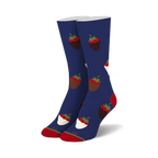 Pair of crew socks in navy blue with a pattern of chocolate-covered strawberries. Red strawberries dipped in milk and dark chocolate.