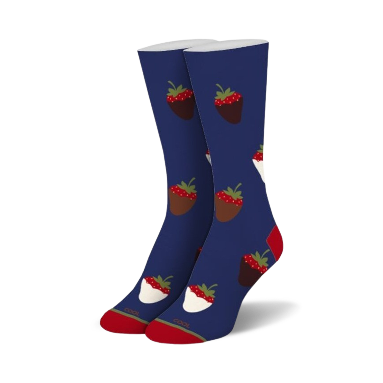 Pair of crew socks in navy blue with a pattern of chocolate-covered strawberries. Red strawberries dipped in milk and dark chocolate.