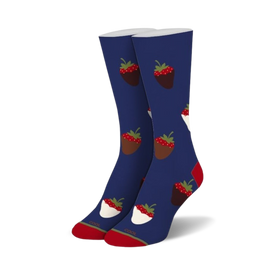 blue strawberry-dipped-chocolate pattern socks for women, crew length   