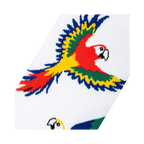 Close-up detail shot of the parrot design on the socks, showcasing the vibrant colors and textured knit.