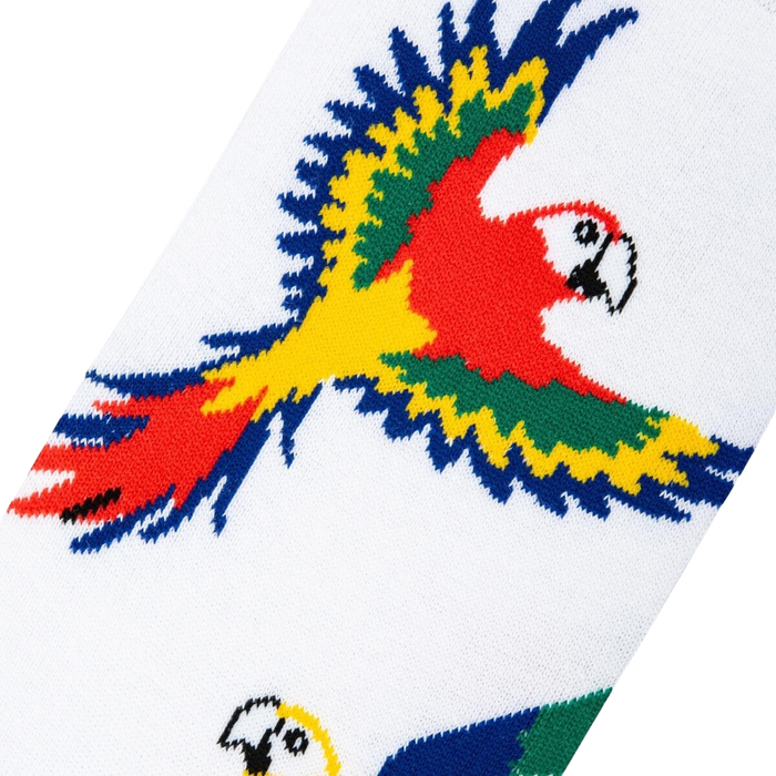 A white sock with a pattern of red, green, yellow, and blue parrots.