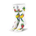 Pair of white crew socks with a colorful parrot design.  Red, yellow, green, and blue parrots are scattered across the socks.