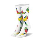 Pair of white crew socks with a colorful parrot design.  Red, yellow, green, and blue parrots are scattered across the socks.