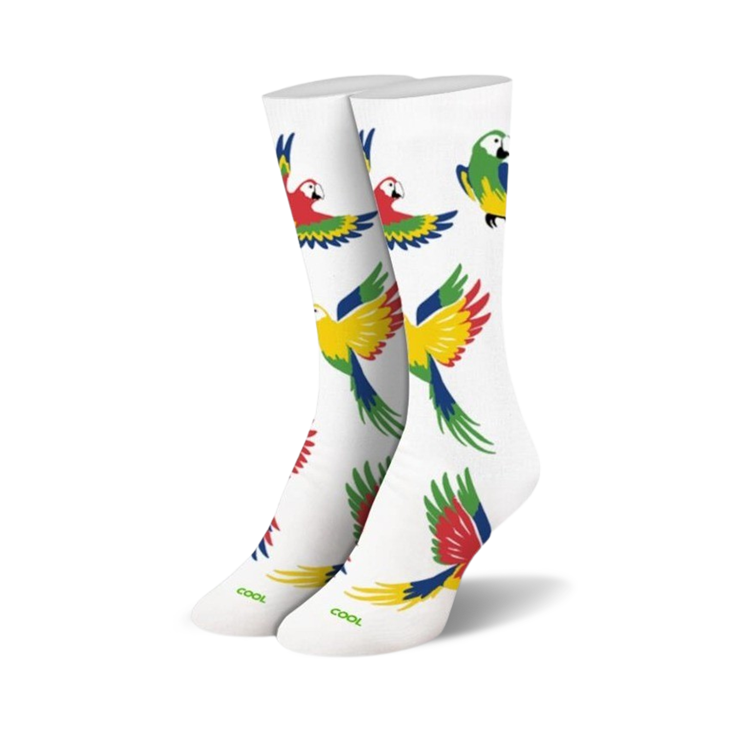 Pair of white crew socks with a colorful parrot design.  Red, yellow, green, and blue parrots are scattered across the socks.