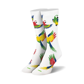 multi-colored parrots adorn these lively, bright, comfy, vibrant and funny parrot crew length womens' white cotton novelty fun sock.   