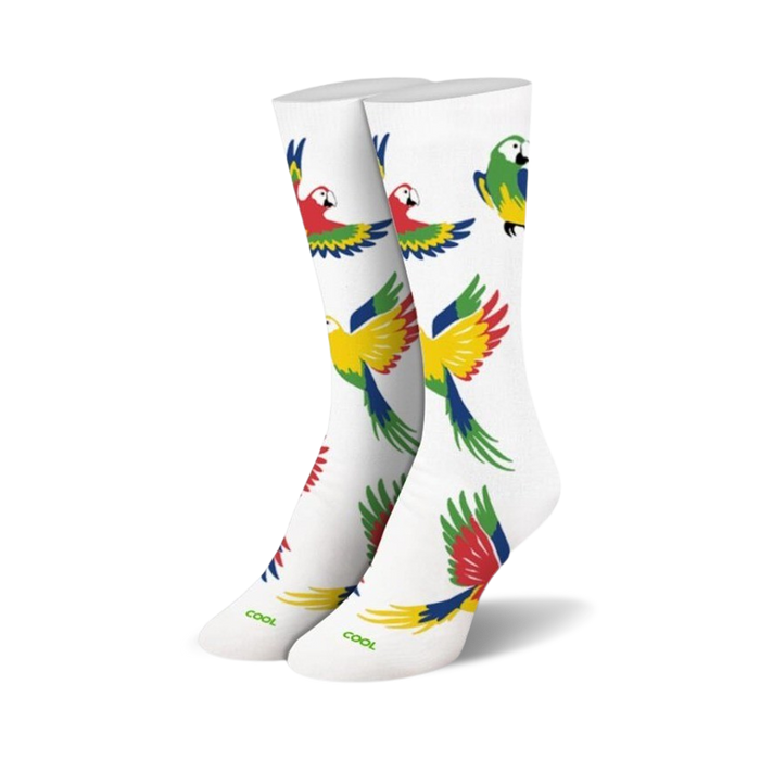 multi-colored parrots adorn these lively, bright, comfy, vibrant and funny parrot crew length womens' white cotton novelty fun sock.   