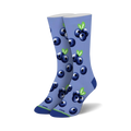 Pair of crew socks with an all-over print of blueberries on a light blue background.  The socks feature a lime green accent at the cuff.