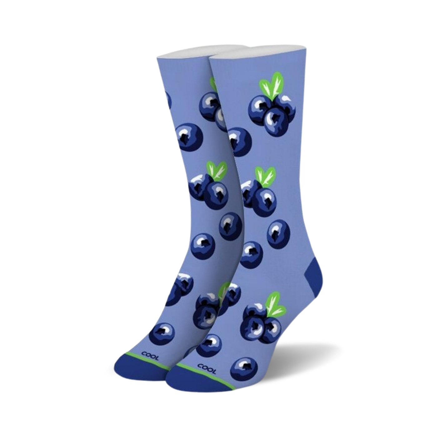 Pair of crew socks with an all-over print of blueberries on a light blue background.  The socks feature a lime green accent at the cuff.