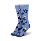 Pair of crew socks with an all-over print of blueberries on a light blue background.  The socks feature a lime green accent at the cuff.