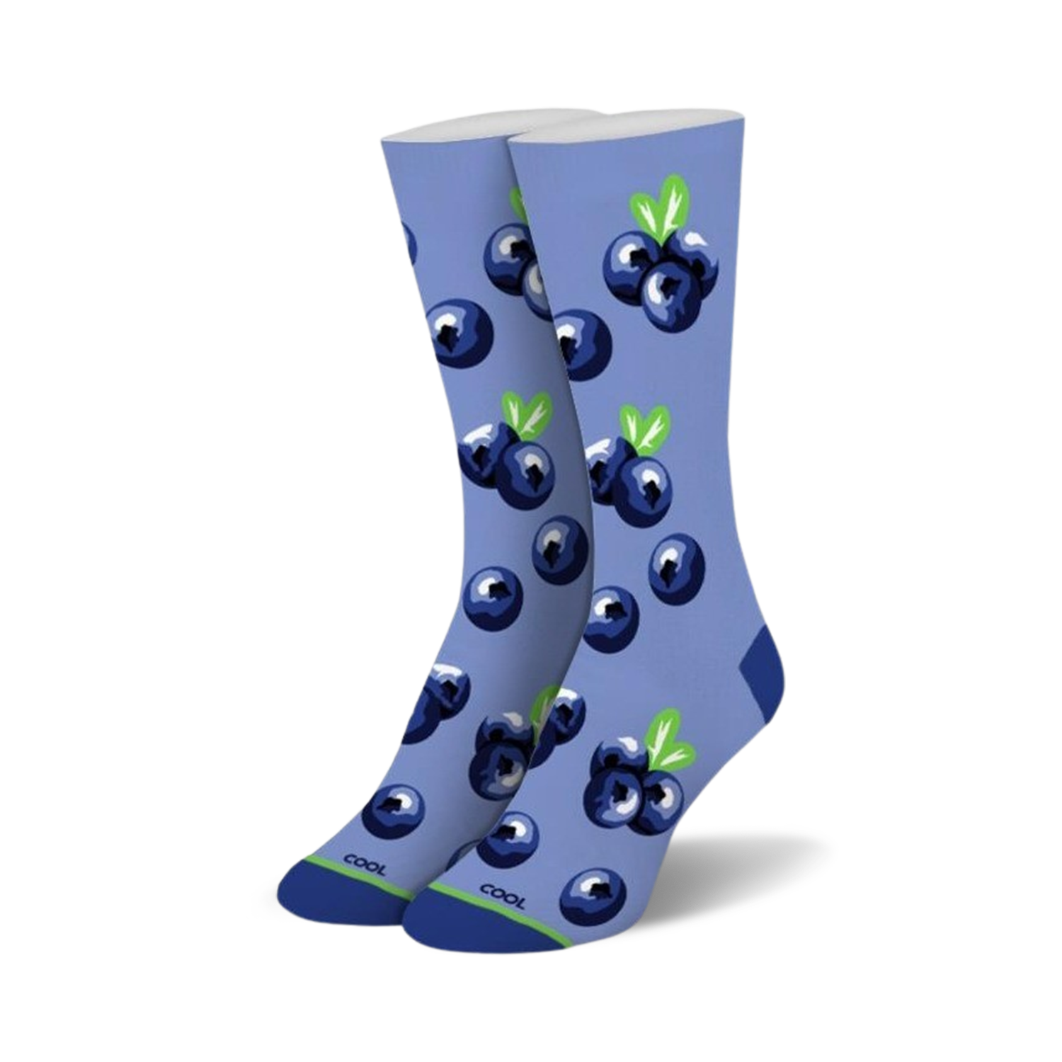 Pair of crew socks with an all-over print of blueberries on a light blue background.  The socks feature a lime green accent at the cuff.