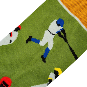 A green sock with a pattern of baseball players in blue, red, and white.