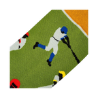 Close-up detail shot of the sock's knit fabric and baseball player design.