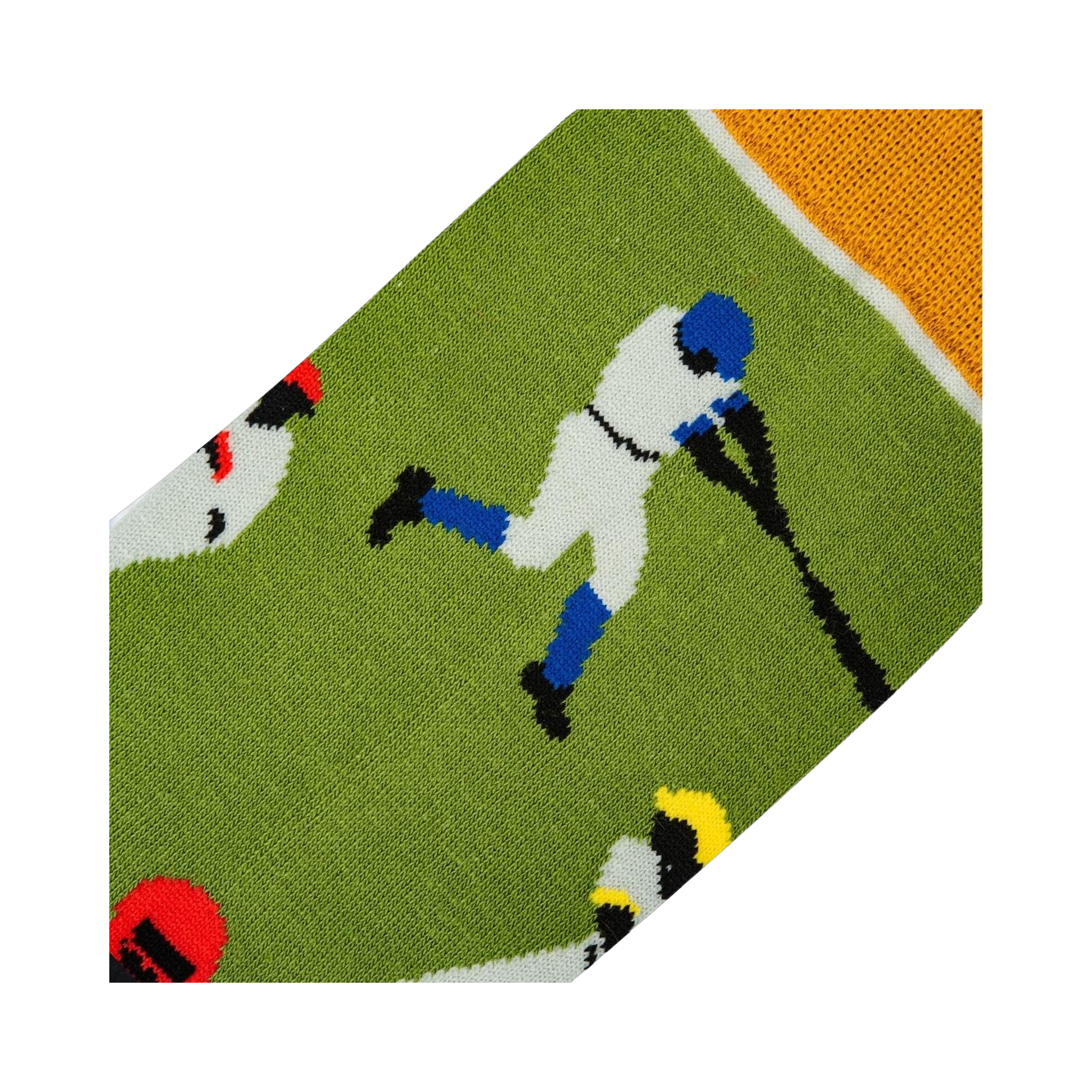 Close-up detail shot of the sock's knit fabric and baseball player design.