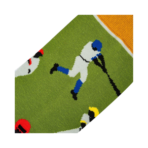Close-up detail shot of the sock's knit fabric and baseball player design.
