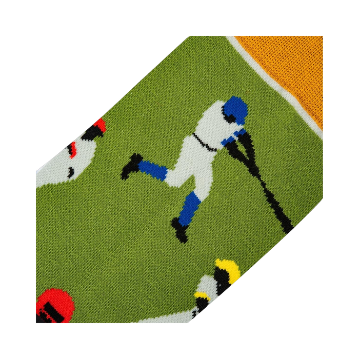 Close-up detail shot of the sock's knit fabric and baseball player design.